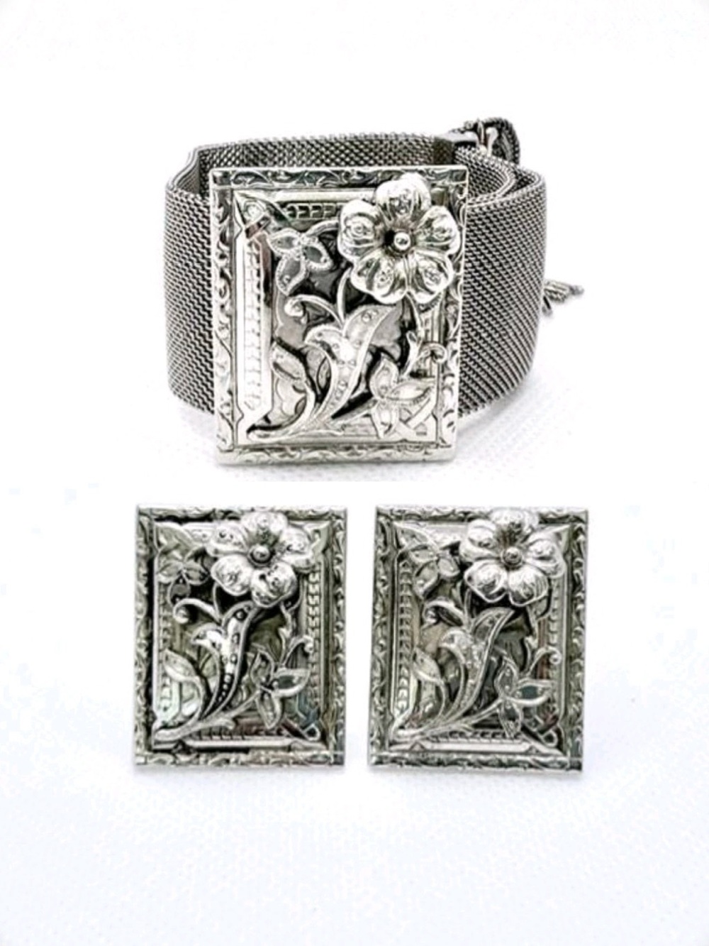 Women's Silver Floral Mesh Bracelet and Cufflinks Set